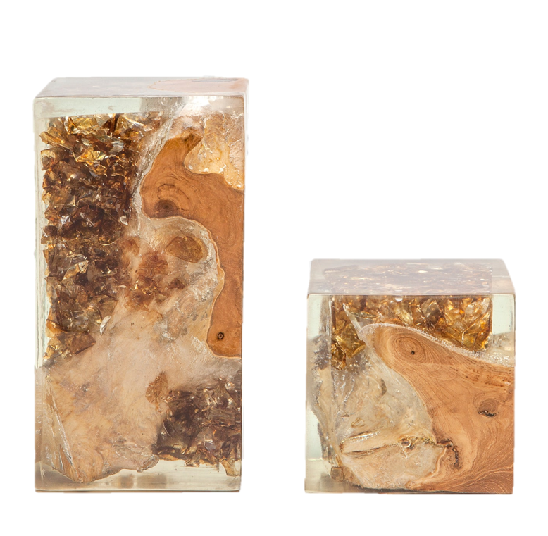 Natural Teak and Amber Resin Rectangles, Set of 2